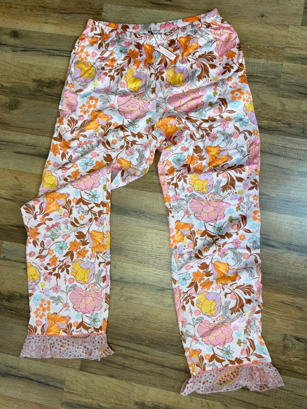 Victoria Secret Satin Pajama Pants S Small Floral Ruffle Flounce Coquette 39708